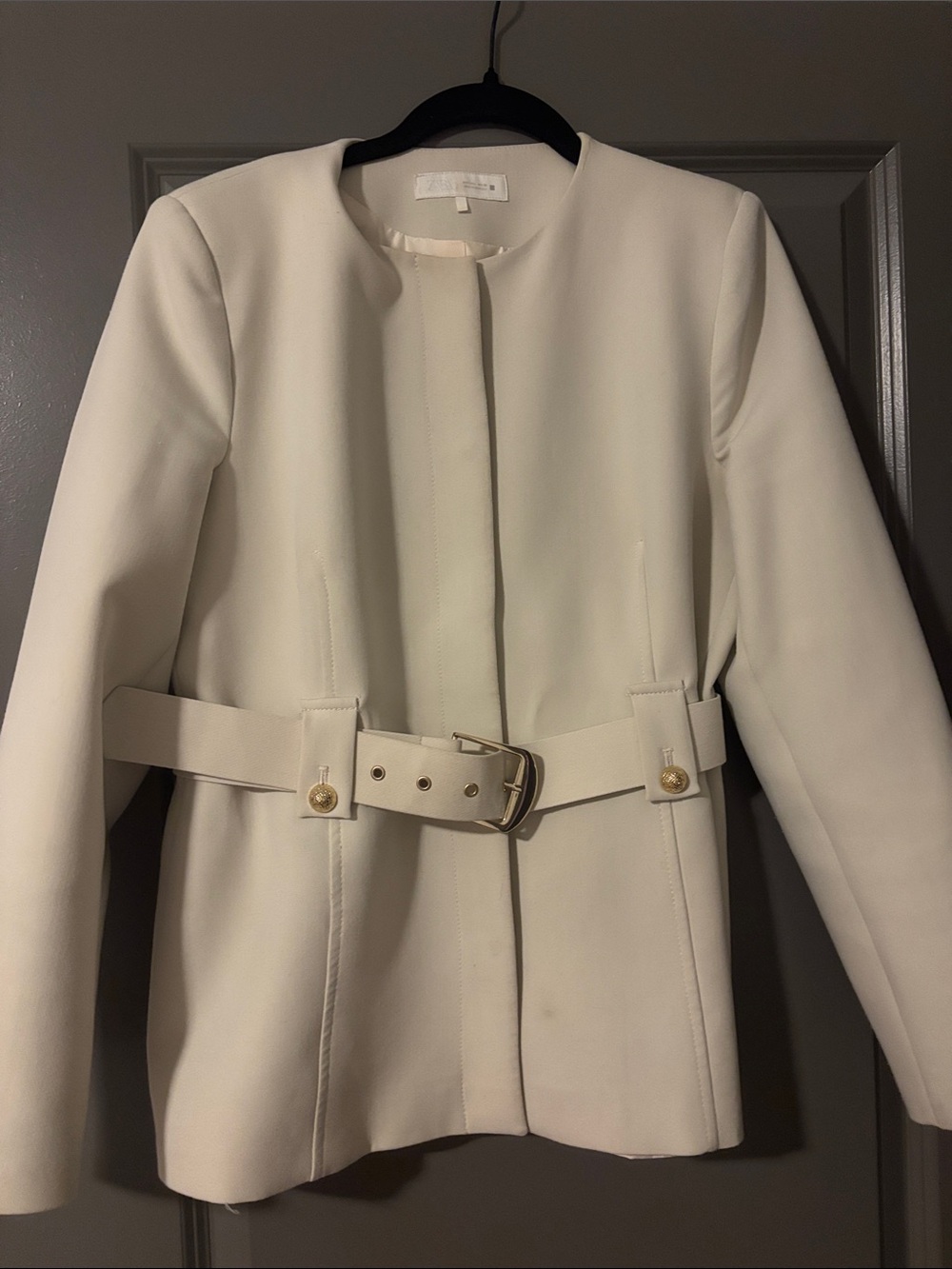 Zara Cream Belted Collarless Blazer Jacket